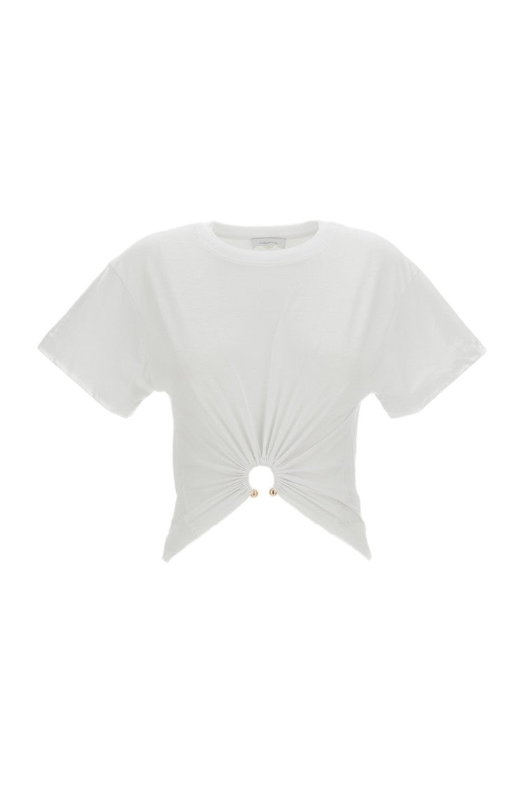 Rabanne Cropped White Cotton Jersey T-Shirt With Metal Piercing Detail