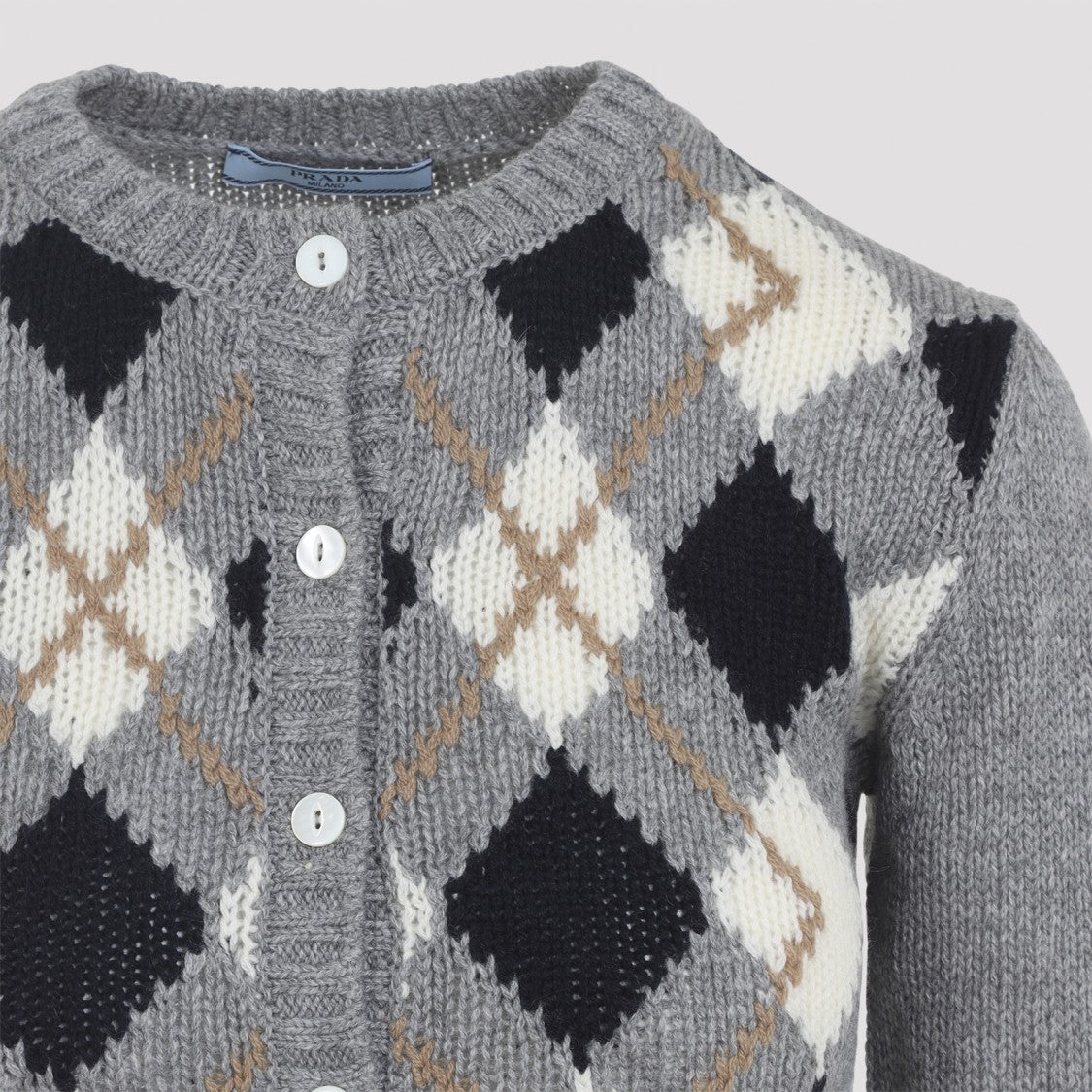 Prada Cropped Cashmere Cardigan With Jacquard Argyle Pattern