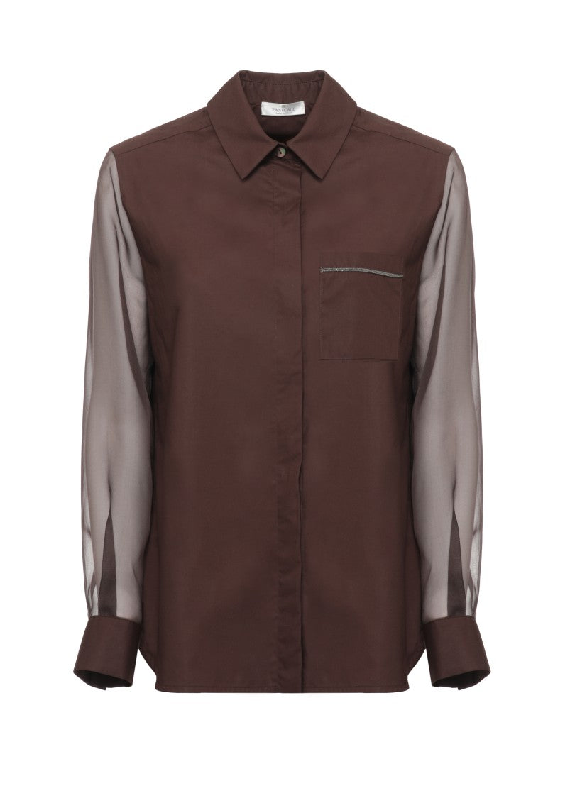 Panicale Brown Cotton Silk Sheer Sleeve Shirt