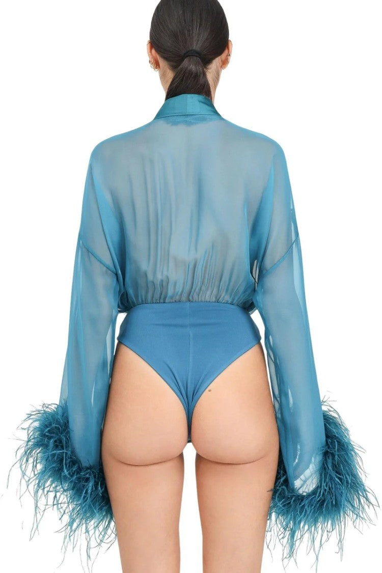 Santas* Deep V-Neck Bodysuit With Sheer Sleeves