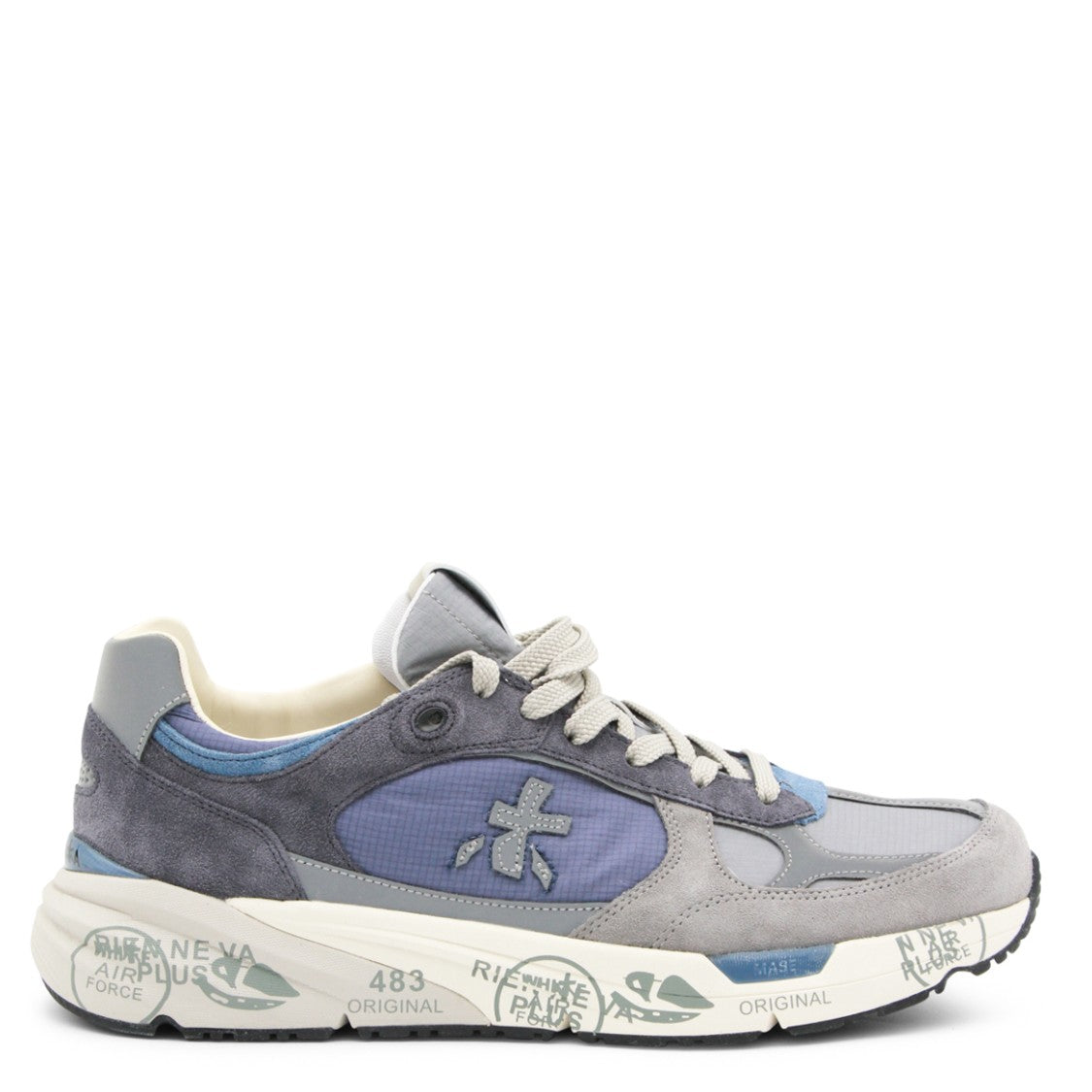 Premiata Layered Grey And Blue Sneakers With Stitched Logo