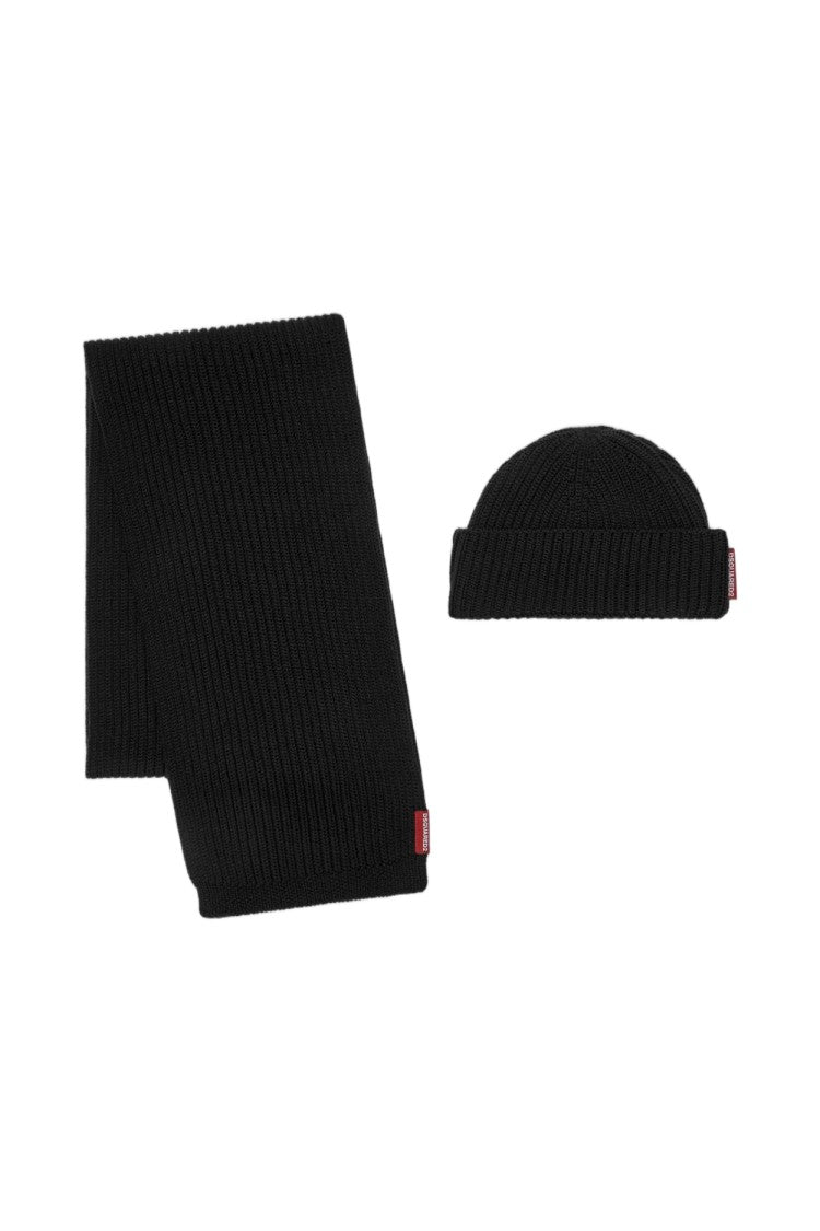 Dsquared2 Black Wool Ribbed Scarf And Beanie Set