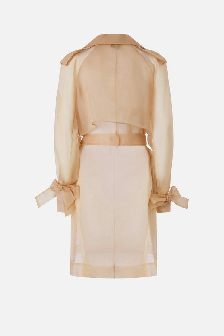 Pinko Beige Sheer Double-Breasted Self-Tie Belt Silk Trench Coat