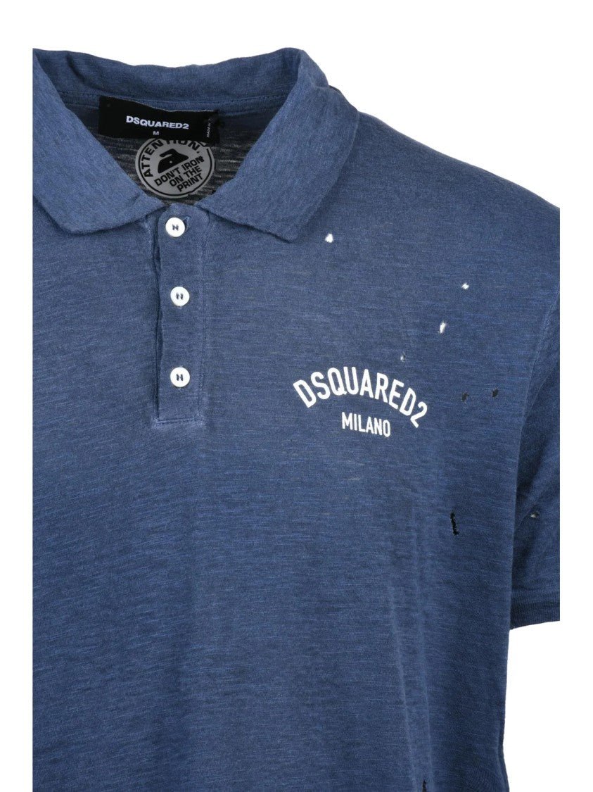Dsquared2 Blue Cotton-Blend Distressed Polo Shirt