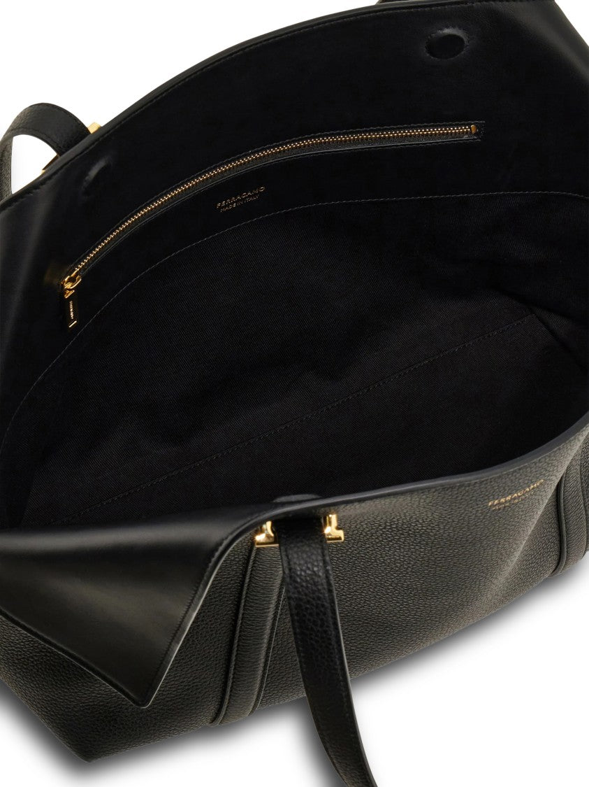 Ferragamo Structured Black Leather Tote Bag With Gold Accents