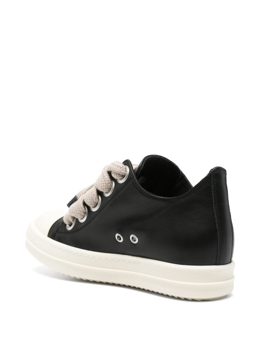 Rick Owens Low-Top Black Leather Sneakers With Oversized Beige Laces