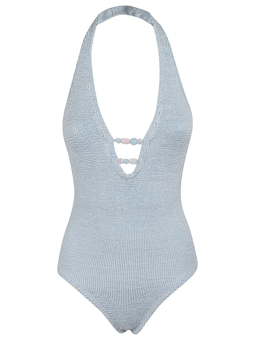 Hunza G Halter Neck One-Piece Swimsuit With Beaded Accents