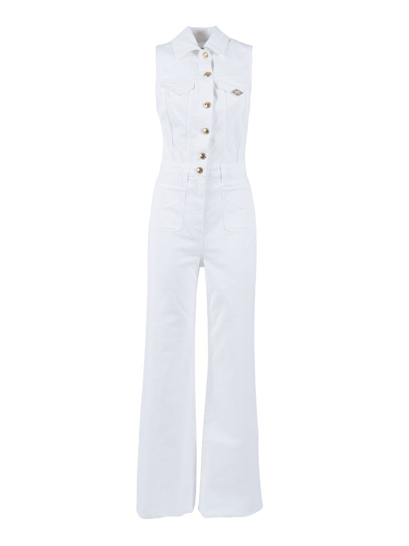 Elisabetta Franchi Sleeveless White Denim Jumpsuit With Button-Down Front And Wide-Leg Design