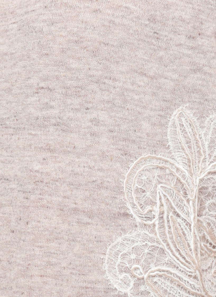D. Exterior Beige Lace Linen-Blend Short-Sleeved Top