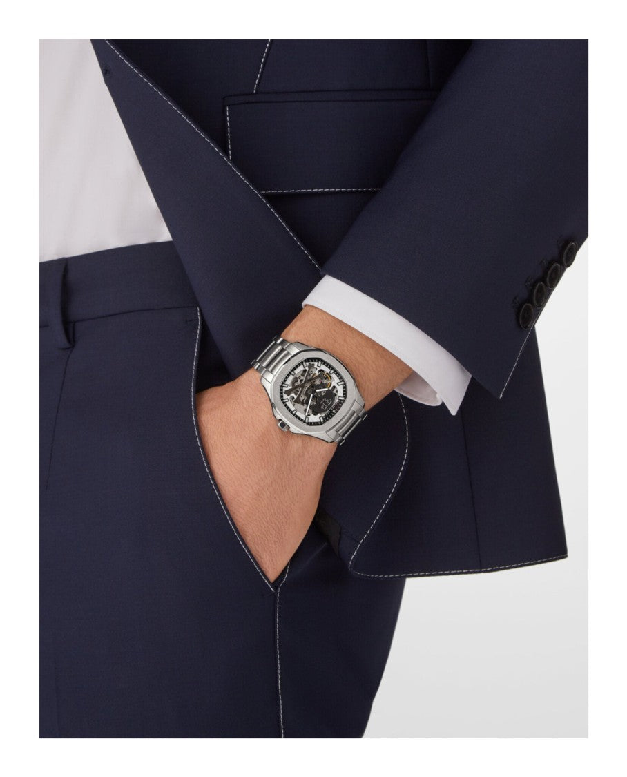 Philipp Plein Automatic Watch With Silver Skeleton Dial And Deployant Buckle