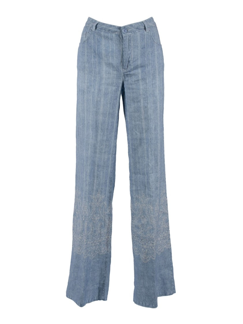 Ermanno Scervino Wide-Leg Linen Pants With Floral Hem Embroidery