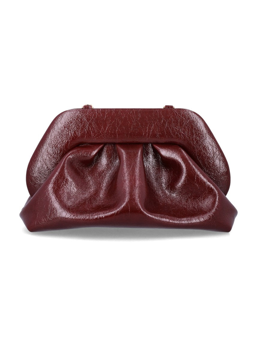Themoirè Gathered Ruched Burgundy Clutch Bag With Gold-Tone Hardware