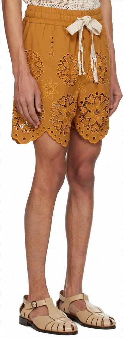 Cmmn Swdn Brown Cotton Shorts With Floral Cut-Out Embroidery