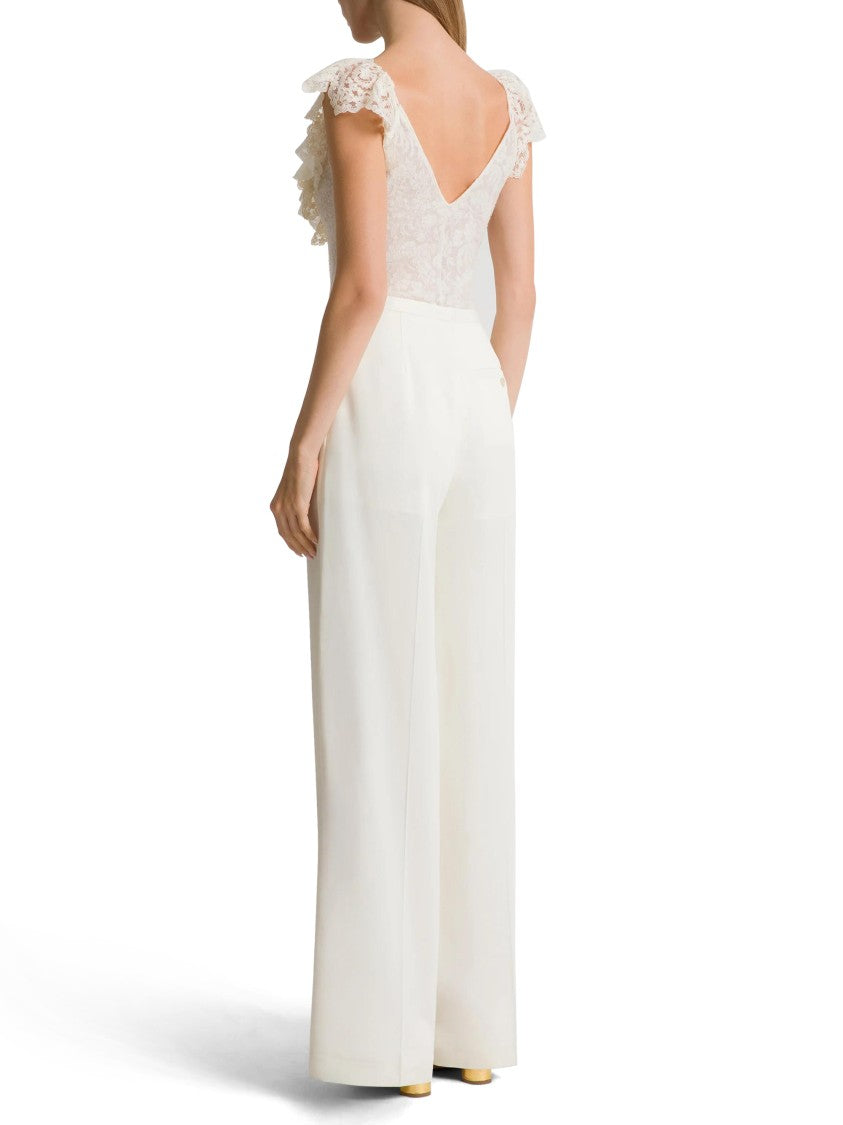 Alberta Ferretti Fitted V-Neck Bodysuit With Ruffled Lace Trim