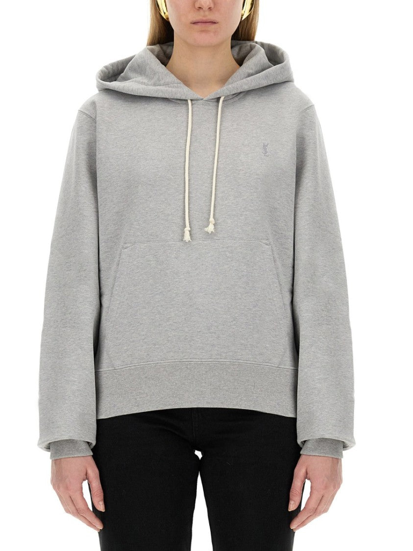 Saint Laurent Relaxed-Fit Grey Cotton Hoodie With Logo Embroidery