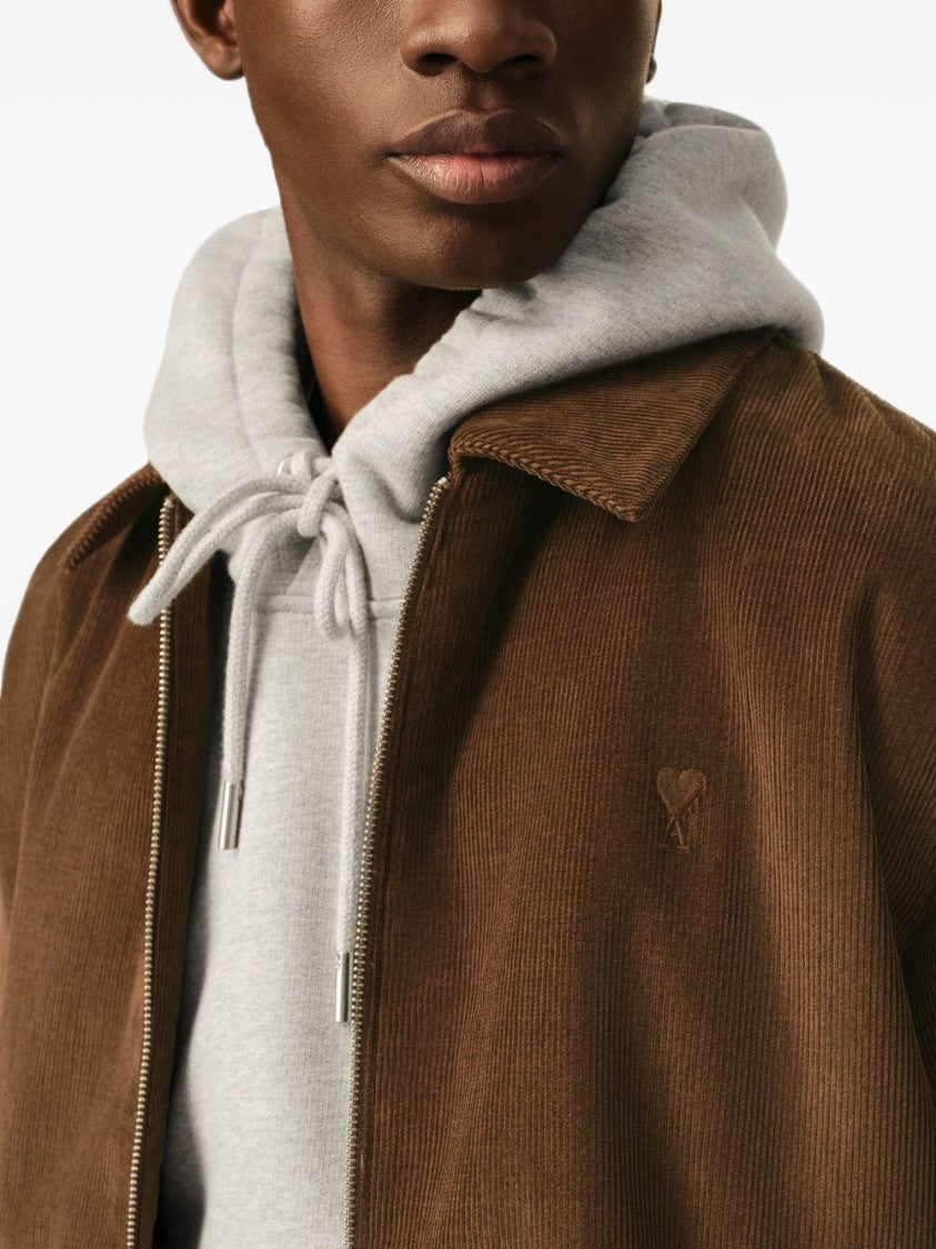 Ami Paris Cropped Boxy Brown Corduroy Jacket With Embroidered Logo