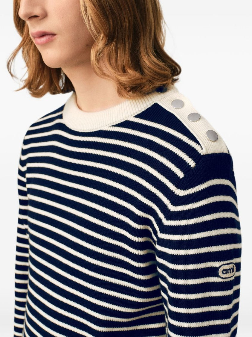Ami Paris Navy And White Striped Sweater With Contrasting Cream Panel
