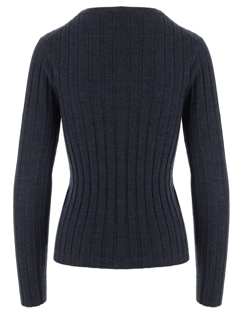 Allude Navy Ribbed Crewneck Wool Sweater