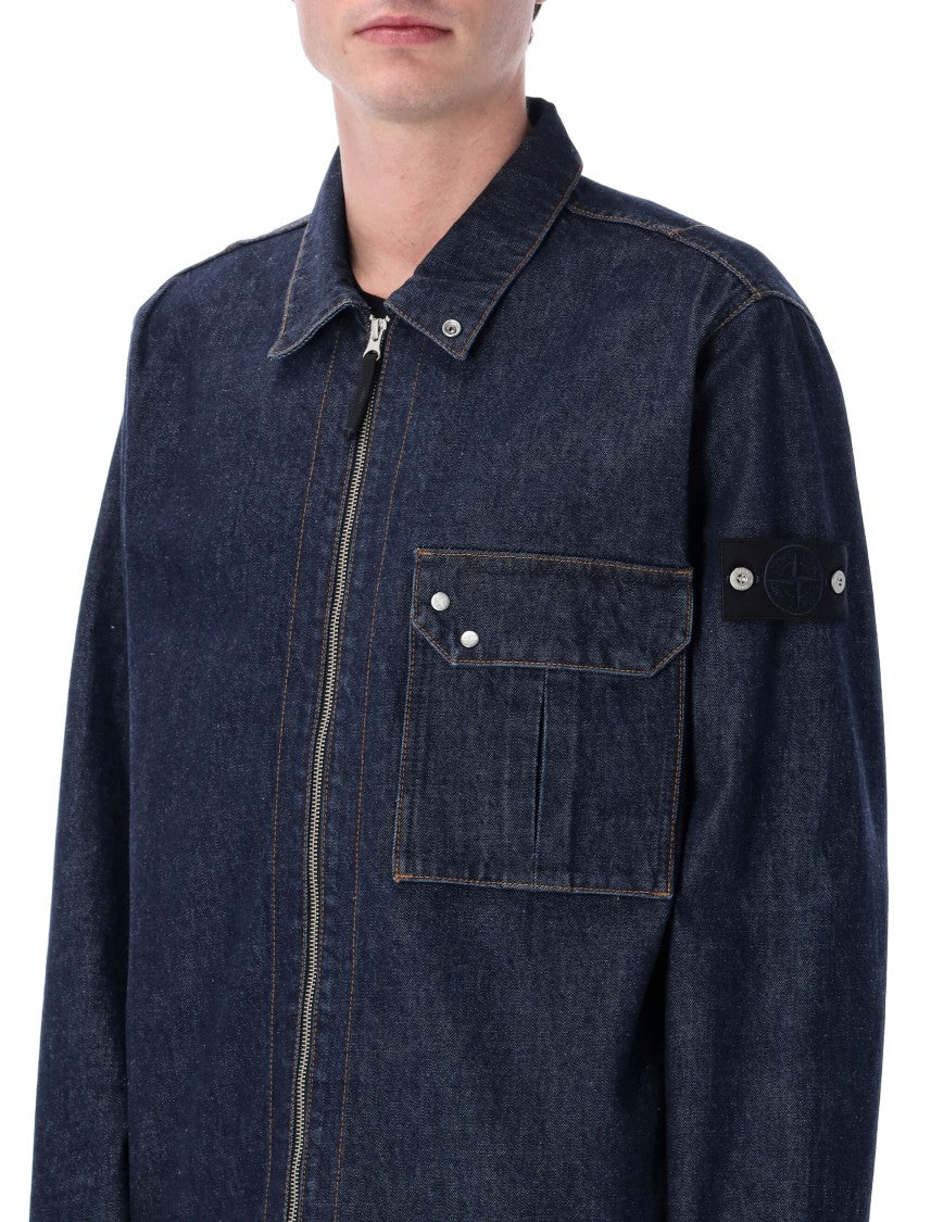 Stone Island Structured Denim Overshirt With Zip Closure And Chest Pocket