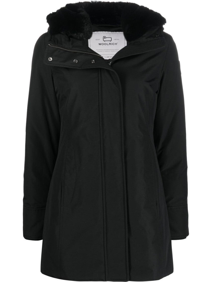 Woolrich Thigh-Length Black Coat With Classic Hood And Logo Patch