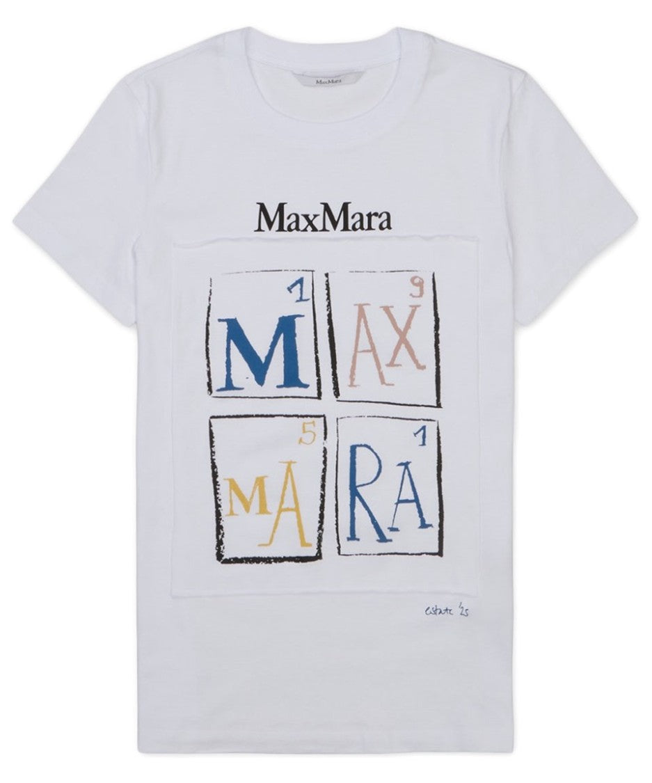 Max Mara Graphic Print White Cotton T-Shirt With Relaxed Fit
