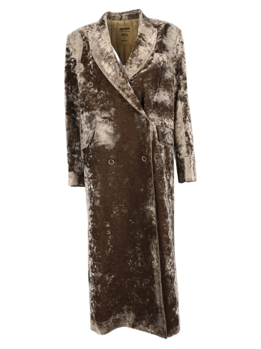 Uma Wang Military Green Double-Breasted Velvet Long Coat