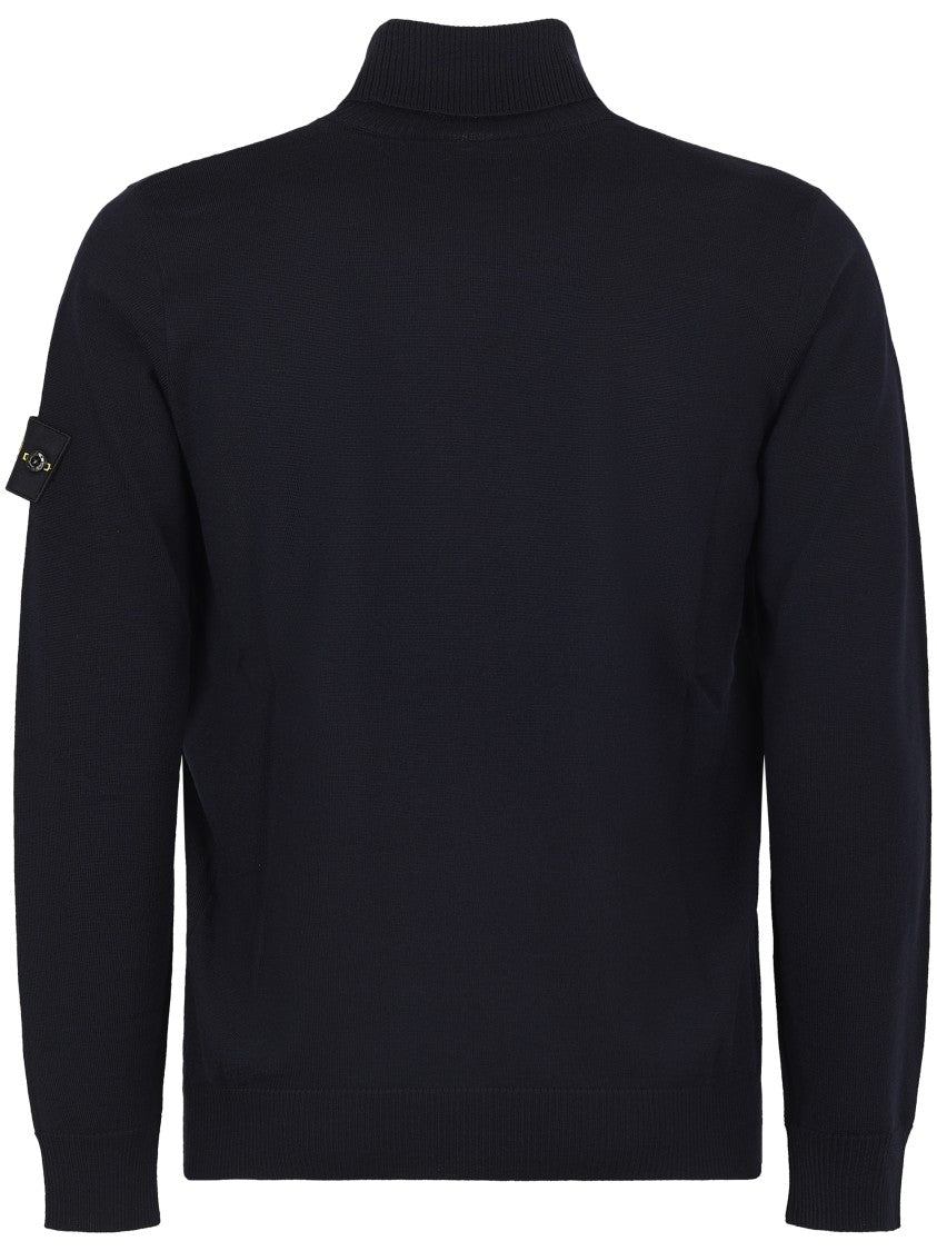 Stone Island Navy Blue Textured Knit Turtleneck Sweater