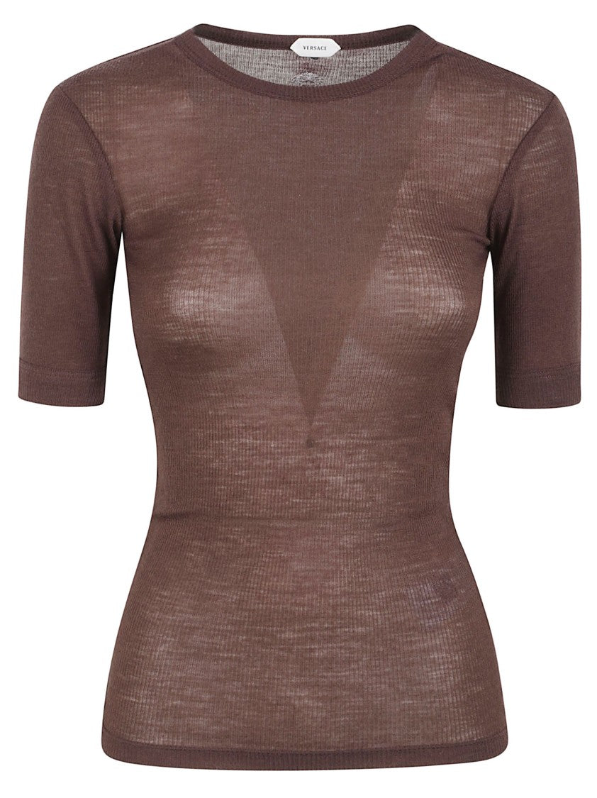 Versace Fitted Semi-Sheer Brown Short-Sleeve Top With Ribbed Texture