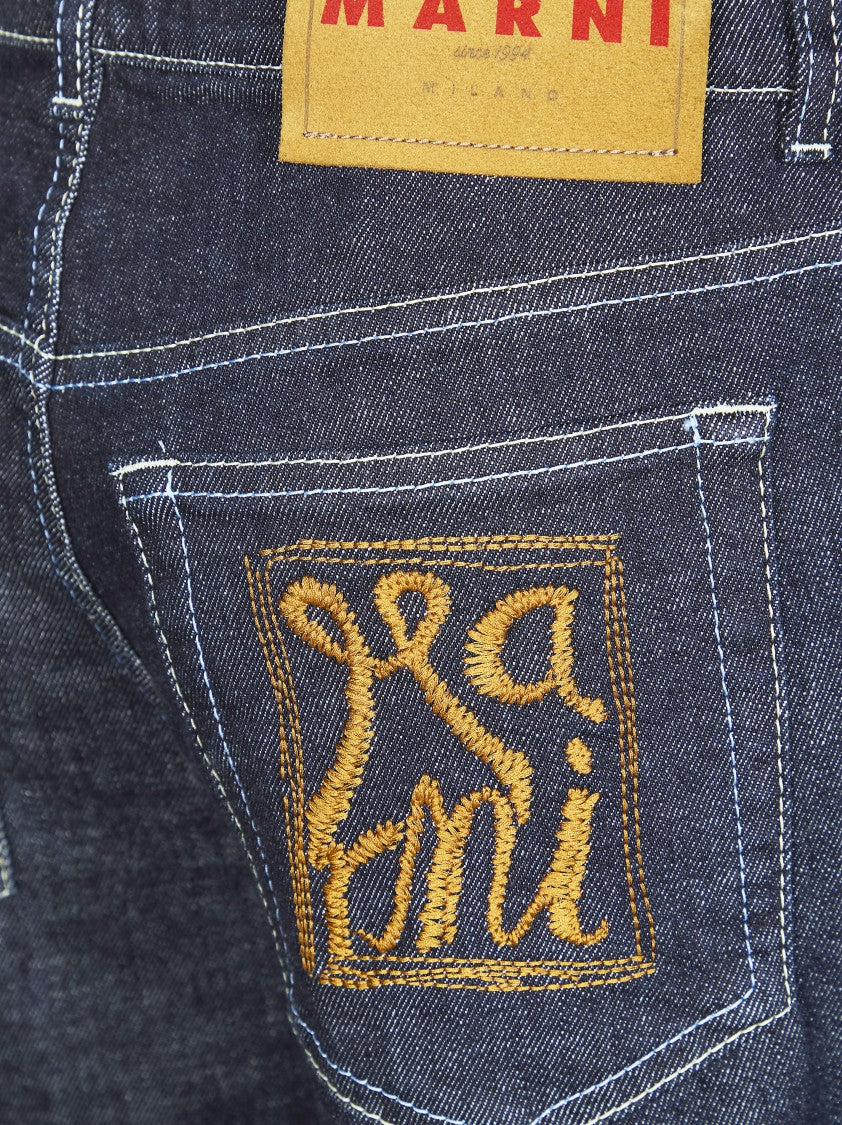 Marni Indigo Wide Leg Golden Embroidered Jeans