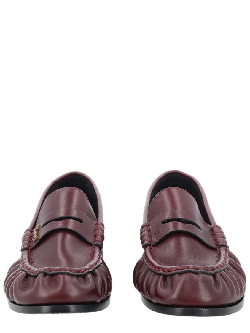 Saint Laurent Ruched Burgundy Calfskin Loafers With Metallic Emblem