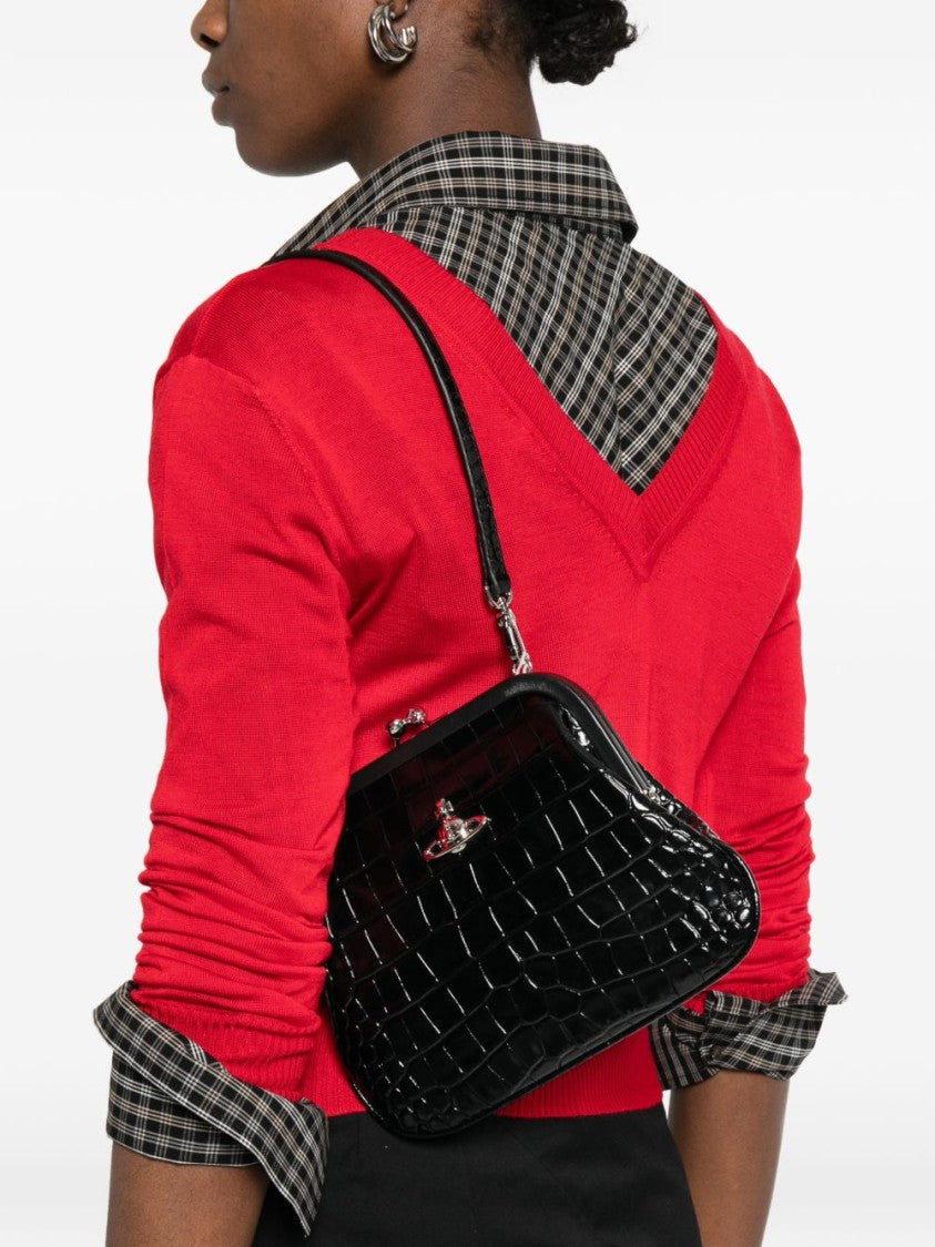 Vivienne Westwood Black Trapezoidal Croc Embossed Clasp Bag