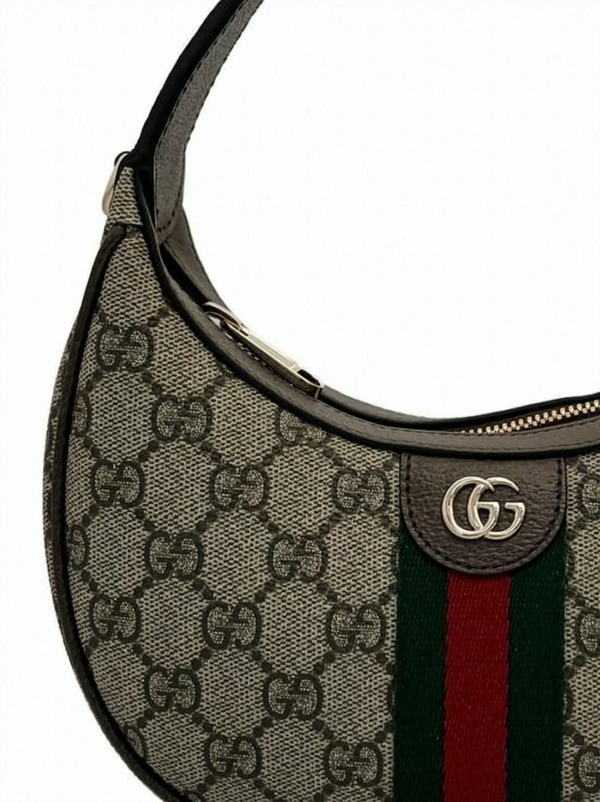 Gucci Crescent-Shaped Shoulder Bag With Signature Monogram Canvas And Web Stripe