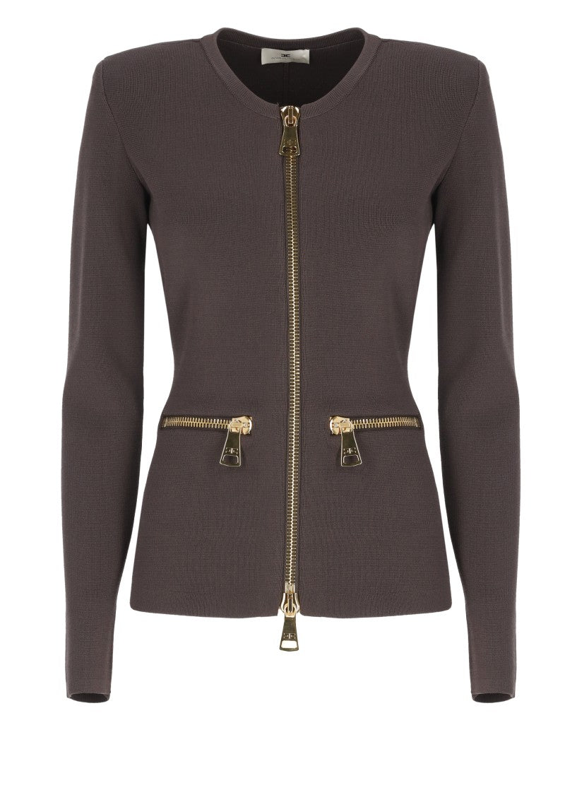 Elisabetta Franchi Structured Brown Elastic Sweater With Maxi Gold Zippers