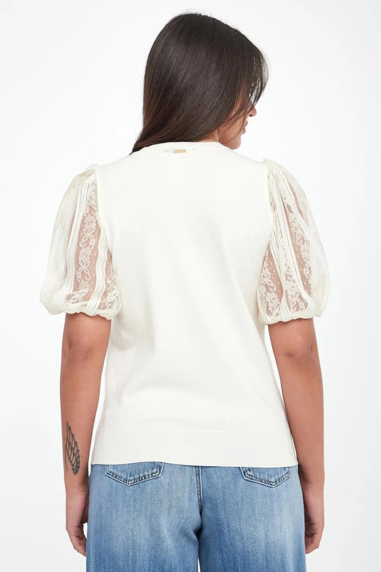 Twin-Set White Puff Sleeve Lace Detail Top