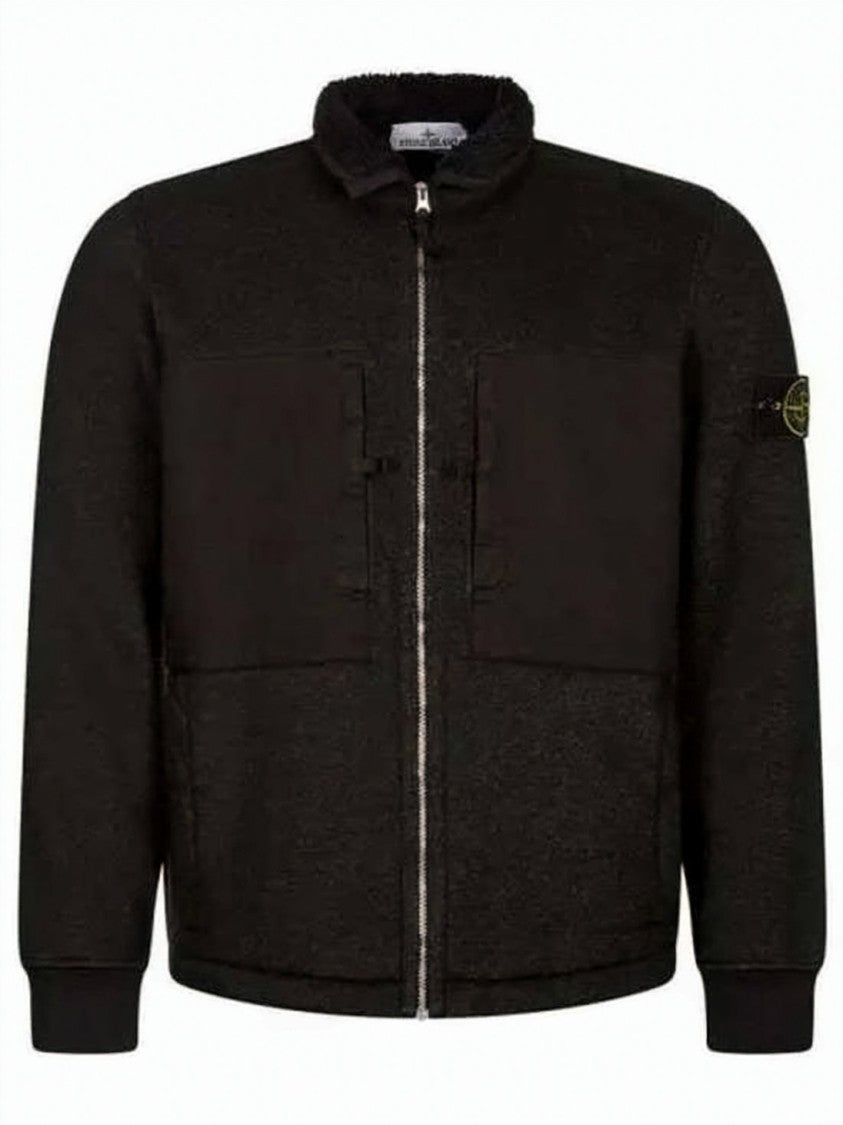 Stone Island Textured Zip Hooded Sweatshirt With High Collarpatch
