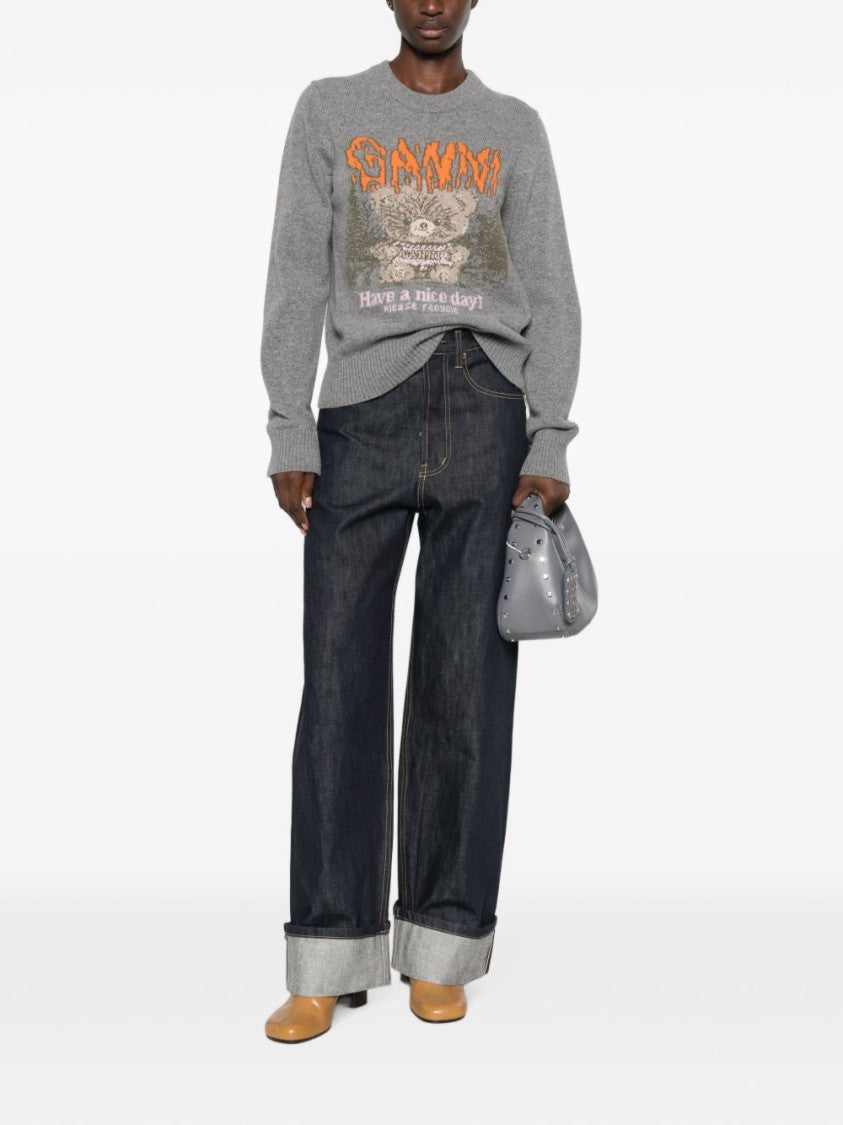 Ganni Grey Knit Sweater With Playful Teddy Bear Graphic