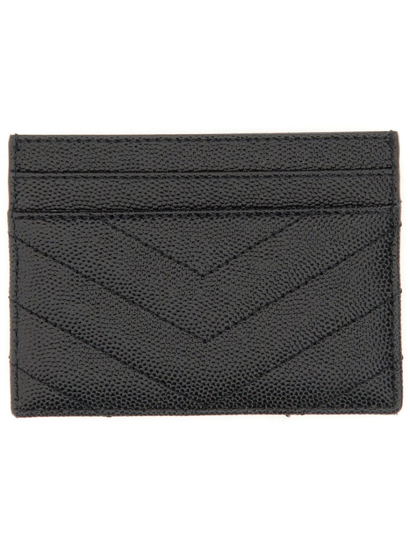 Saint Laurent Chevron Quilted Calfskin Cardholder With Metallic Emblem