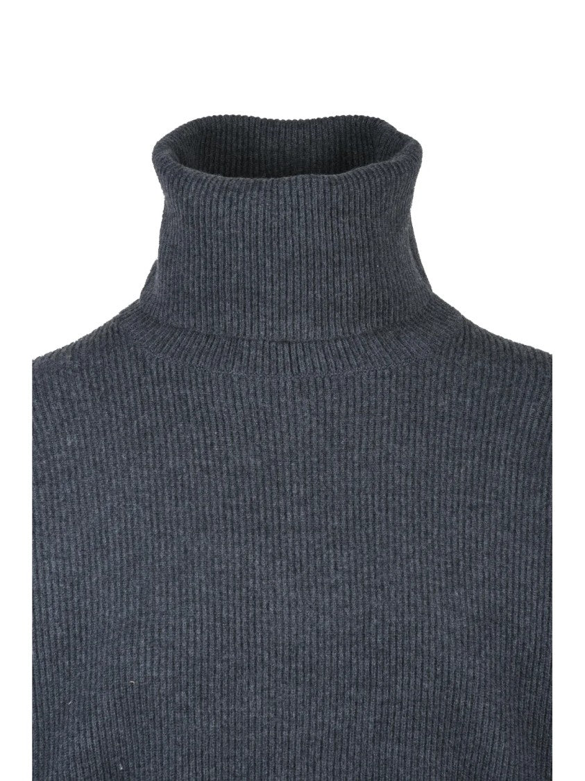 Brunello Cucinelli Grey Ribbed Virgin Wool-Blend Cropped Turtleneck Sweater