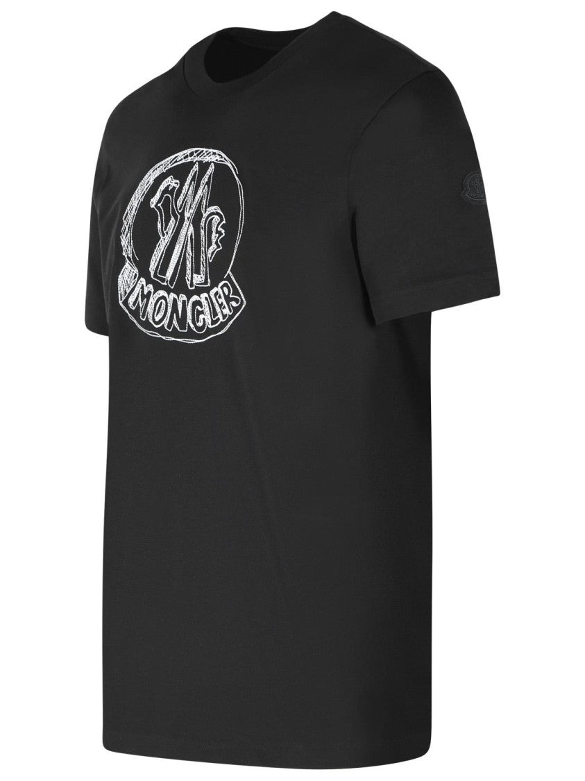 Moncler Black Cotton T-Shirt With Ribbed Crew Neck And Embroidered Detail