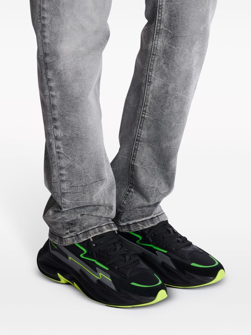 Balmain Black Run-Row Neon Accented Leather Sneakers