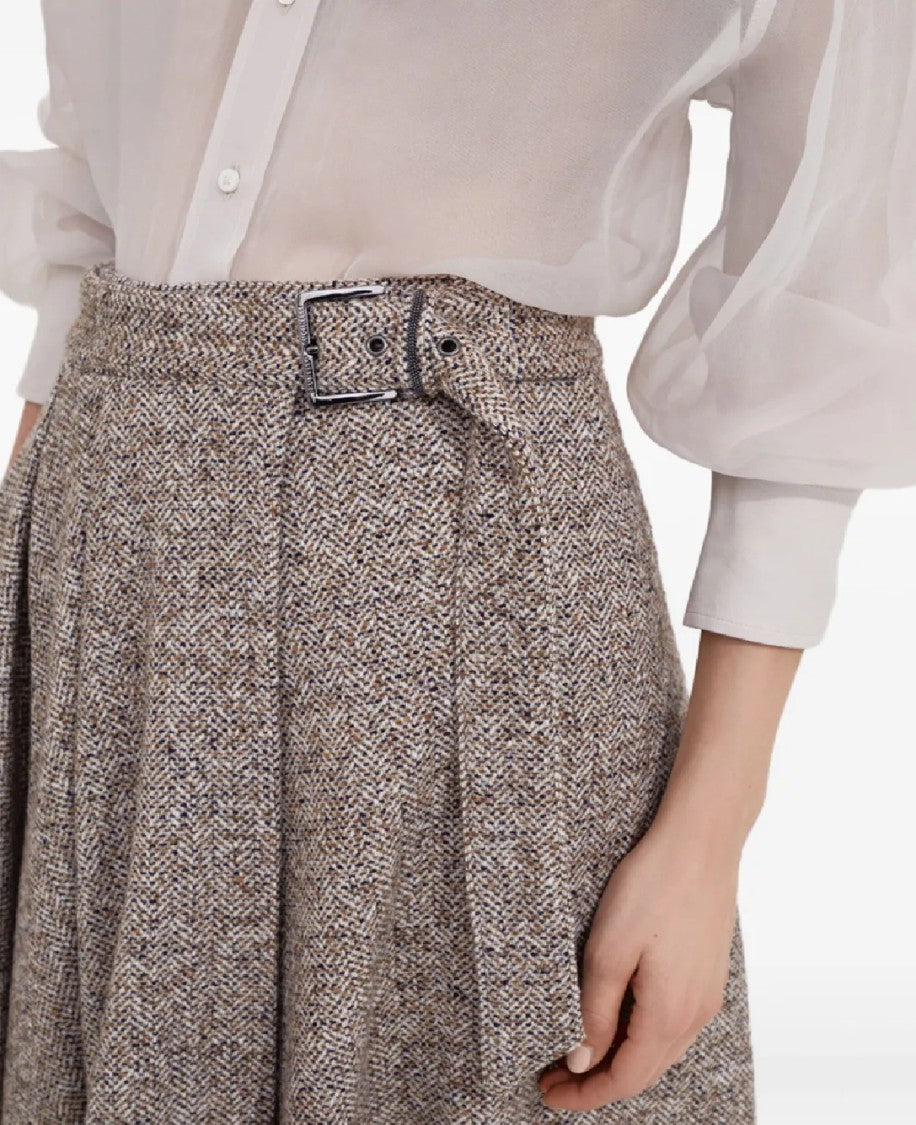 Brunello Cucinelli Knee-Length Herringbone Skirt With Tailored Belt