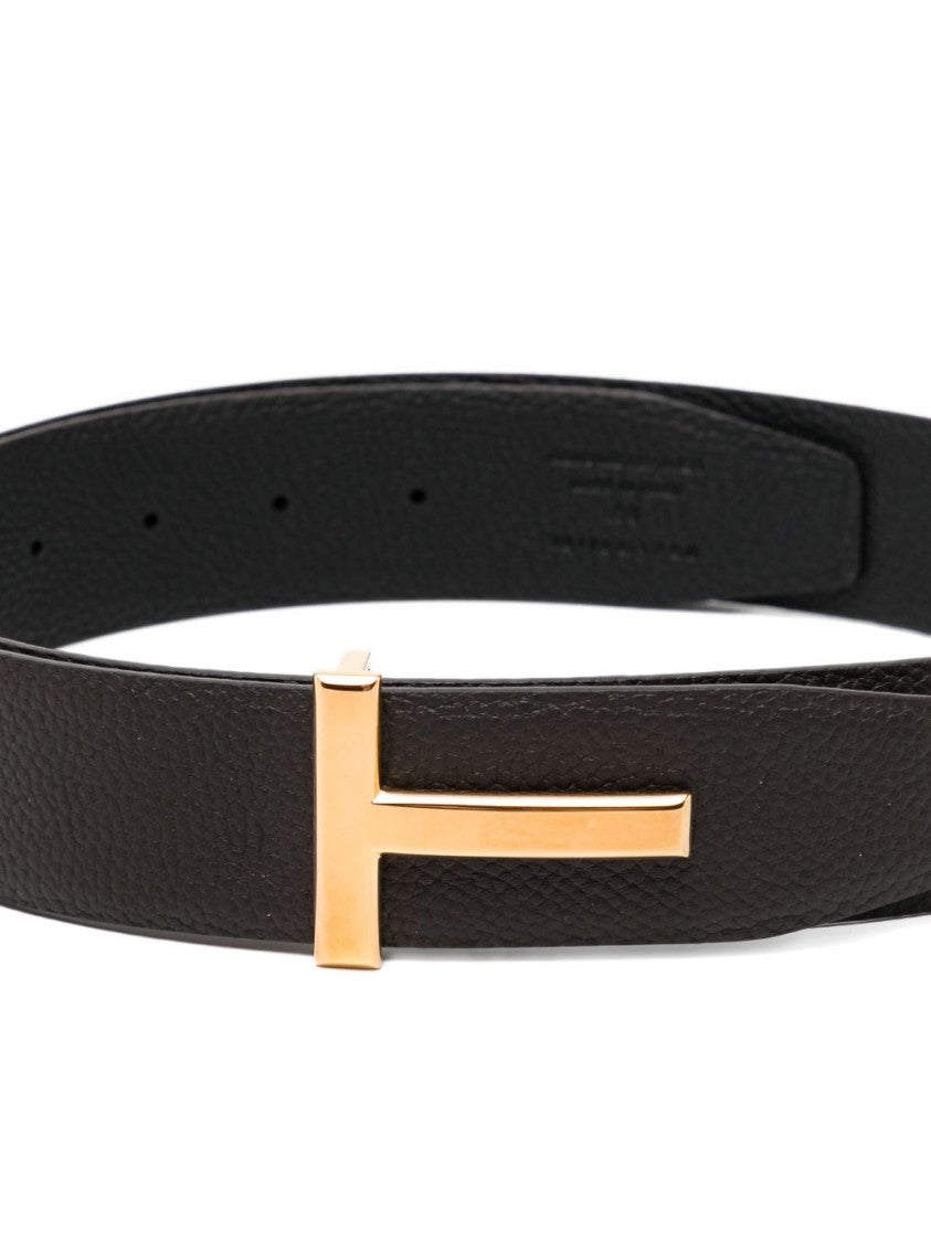 Tom Ford Textured Leather Gold-Tone T-Buckle Belt
