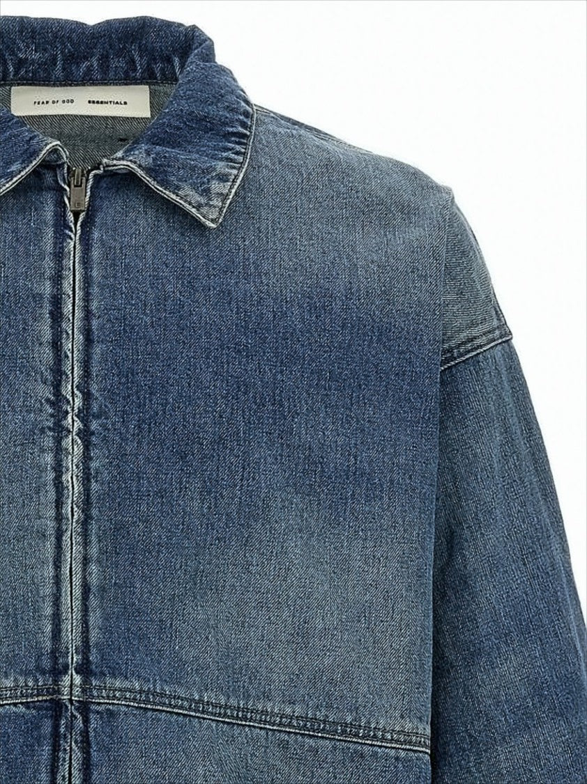 Fear Of God Medium Blue Wash Denim Jacket With Cropped Fit And Whiskering Details