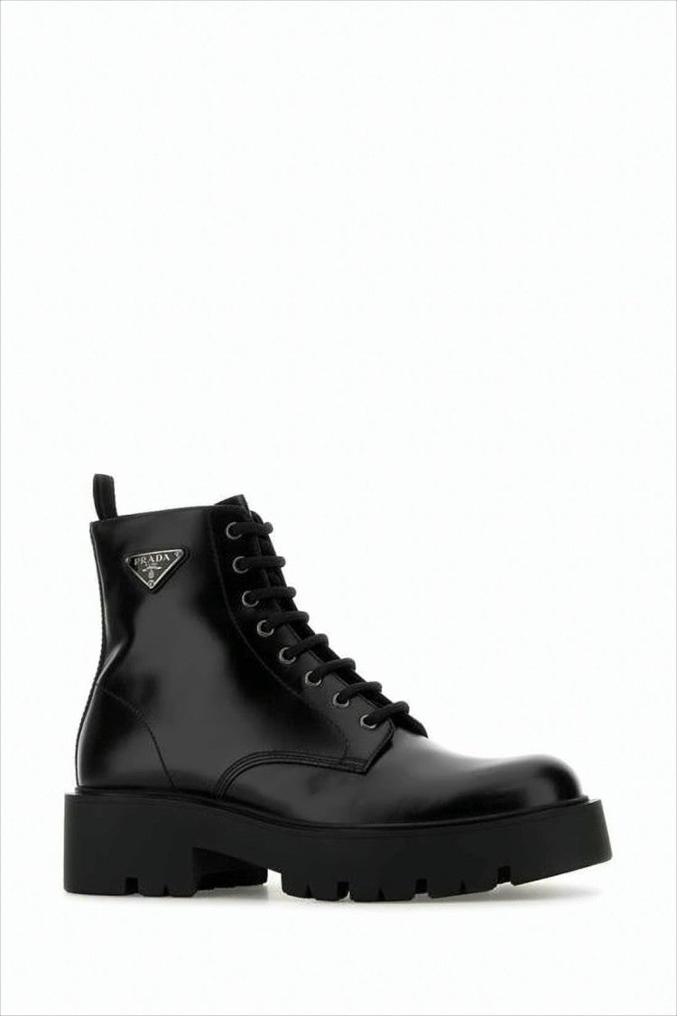 Prada Black Calf Leather Ankle Boots With Lace-Up Detail