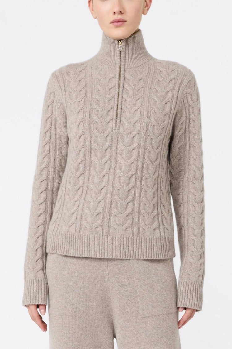 Max Mara Oatmeal Mxmlibero Cable-Knit Half-Zip Cashmere Sweater