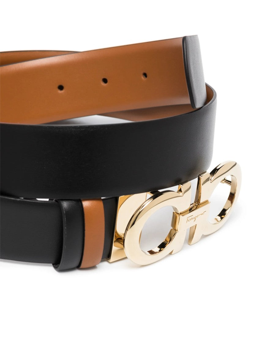 Salvatore Ferragamo Black Gancini Buckle Reversible Leather Belt