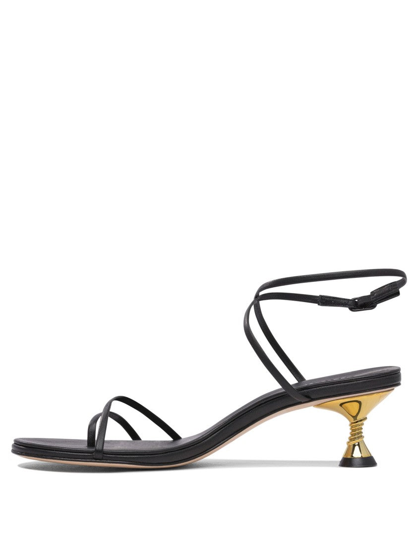 Studio Amelia Black Leather Sandals With Gold Accent Heel