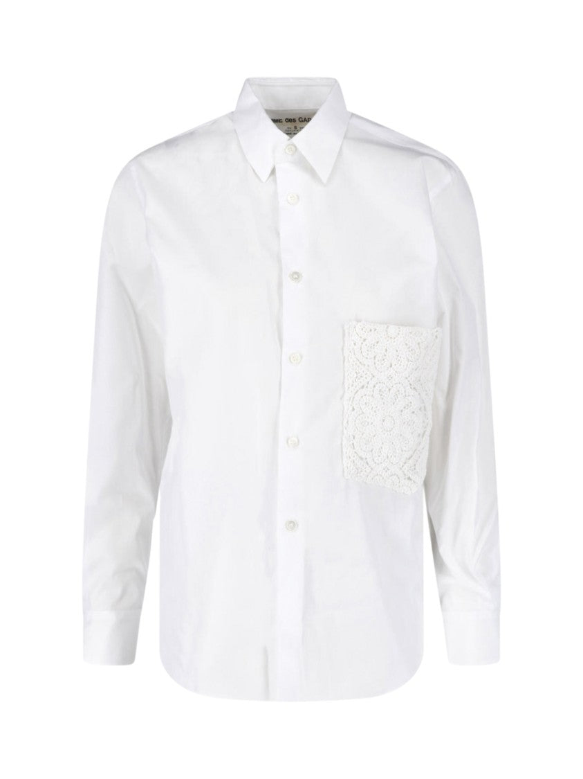 Comme Des Garçons White Lace Applique Pocket Cotton Shirt