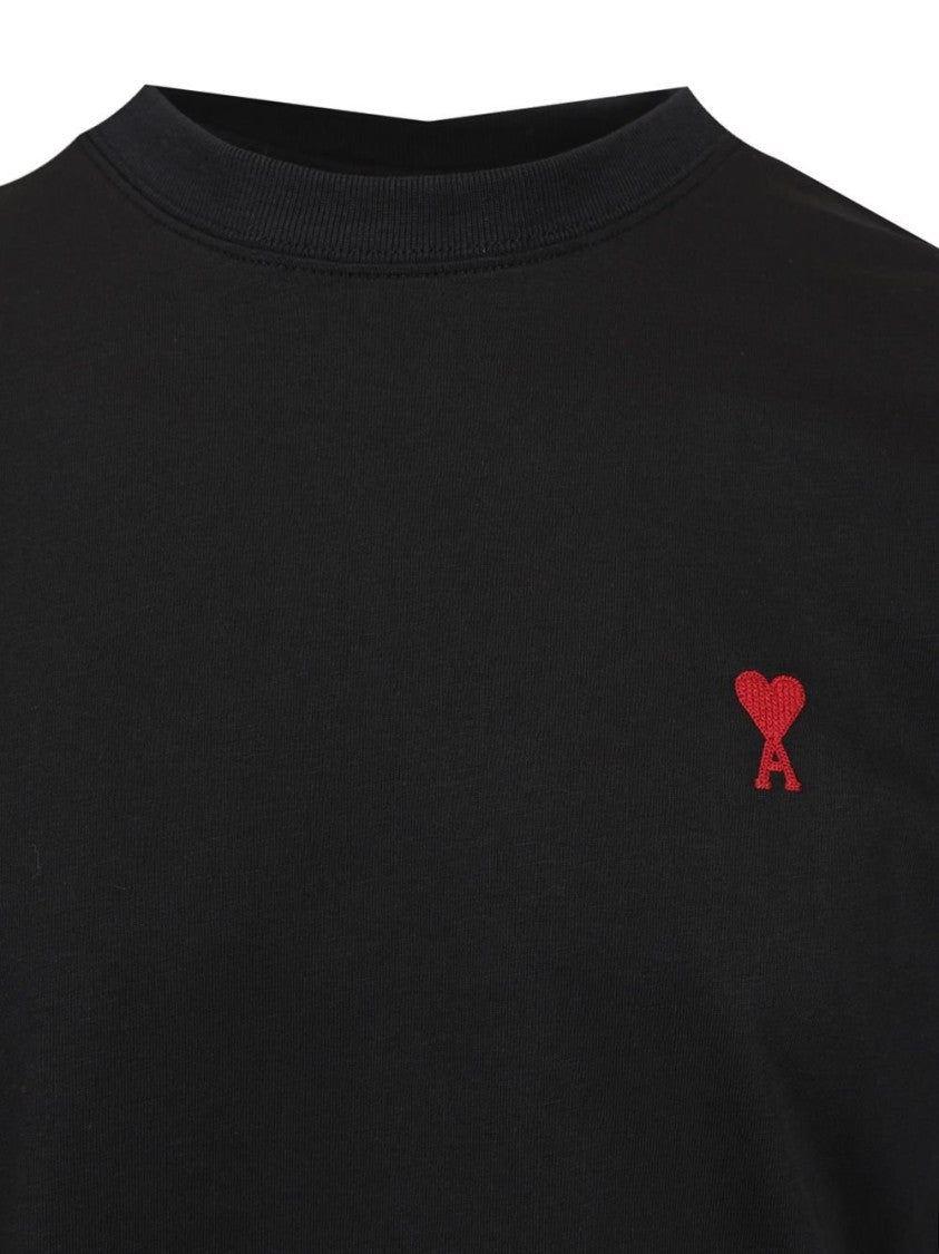 Ami Short-Sleeved Black Cotton T-Shirt With Embroidered Logo