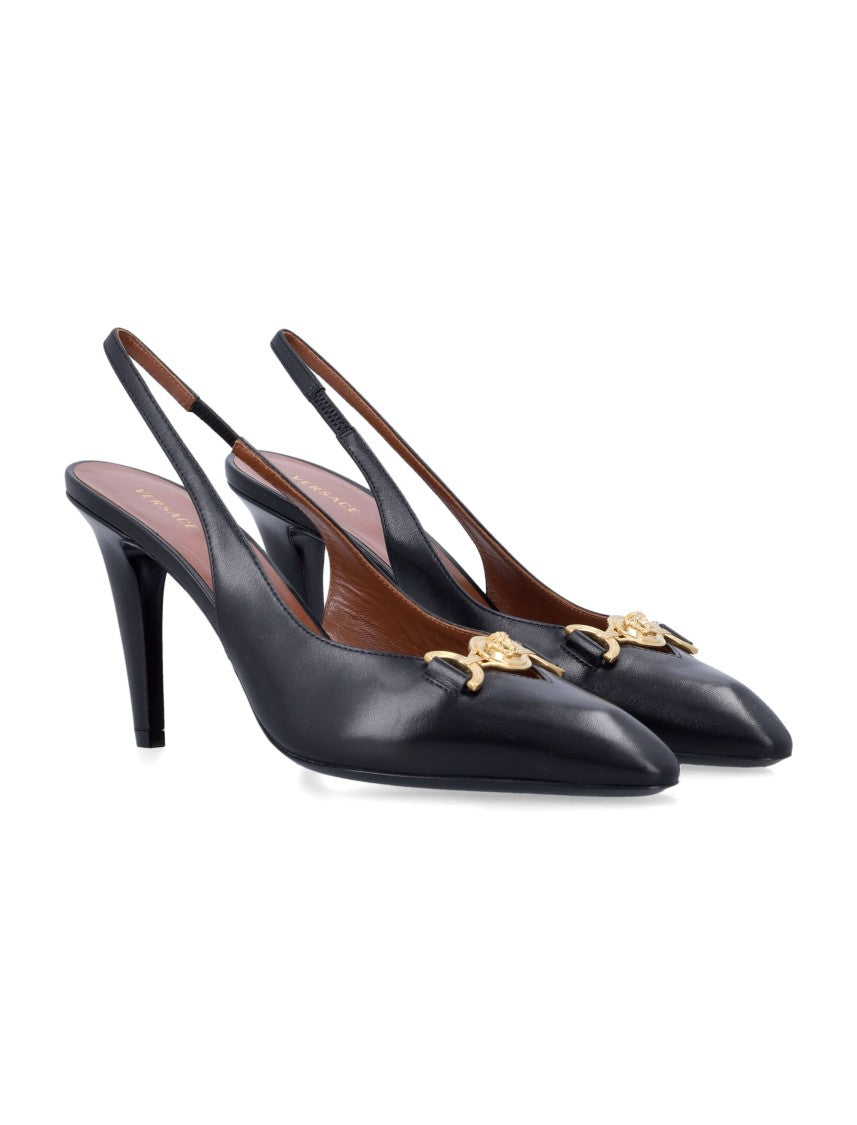 Versace Sling Back 90 Gold Emblem Pointed Toe Pumps